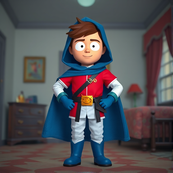 Clyde Donovan from South Park, light skin and brown hair, but as a 14-Year Old, dressed as a medieval prince with a red shirt with white sleeves, a black belt with a gold buckle, white pants, blue boots, blue long-cuffed gloves, and wreathed in a big blue hooded cape, now known as Prince Donovan. Despite still being a kid, he is the Youngest Ruler of South Park, Colorado, but now reborn as the real life Kingdom of Kupa Keep, Zaron, and Prince Donovan is its youngest and greatest hero. The young teenage prince of Kupa Keep is currently standing in his bedroom in his new home of Kupa Keep Castle, preparing to set out for adventure.