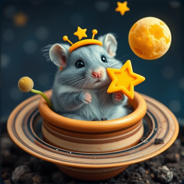 Hamster in a Saturn plant pot with rings with potting soil and other sprouts and blue sparkly fur with star eyes with a sunshine hat in the solar system holding a star and a moon made of Swiss cheese  in realism