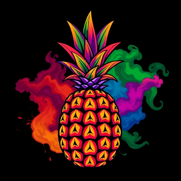 Logo d'ananas stylisé avec des couleurs vibrantes et tropicales, émettant de la fumée artistique