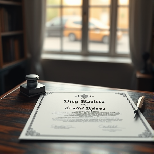 Prompt: Un diplôme de  master élégant posé sur un bureau en bois foncé, avec un encrier et une plume à côté, éclairage doux venant d'une fenêtre à gauche, ambiance de réussite académique