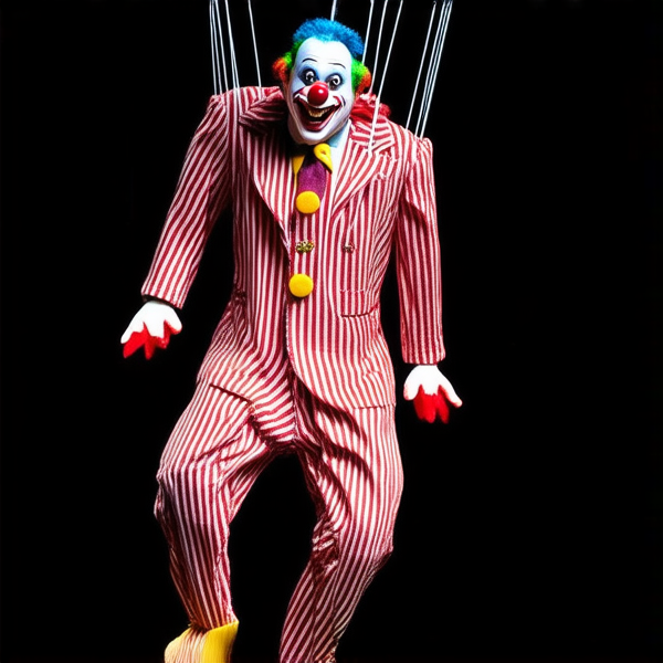 Un pantin masculin en tenue de clown suspendu par des fils dans un univers sombre