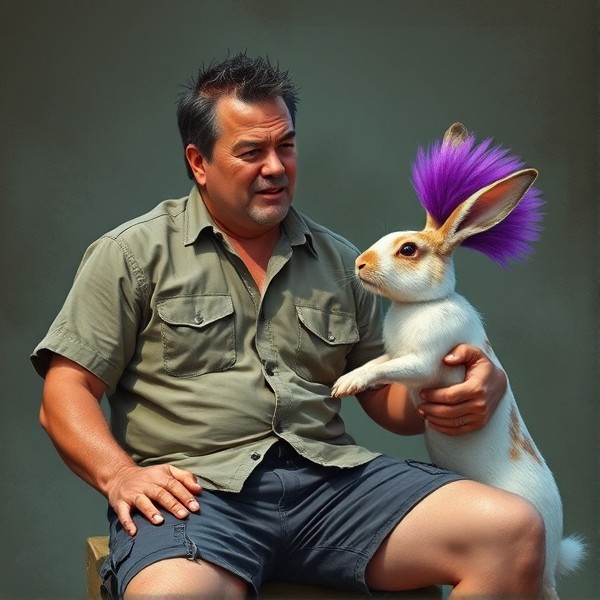 A middle aged guy with old navy shirt and cargo shorts being tortured by a rabbit with a purple Mohawk.