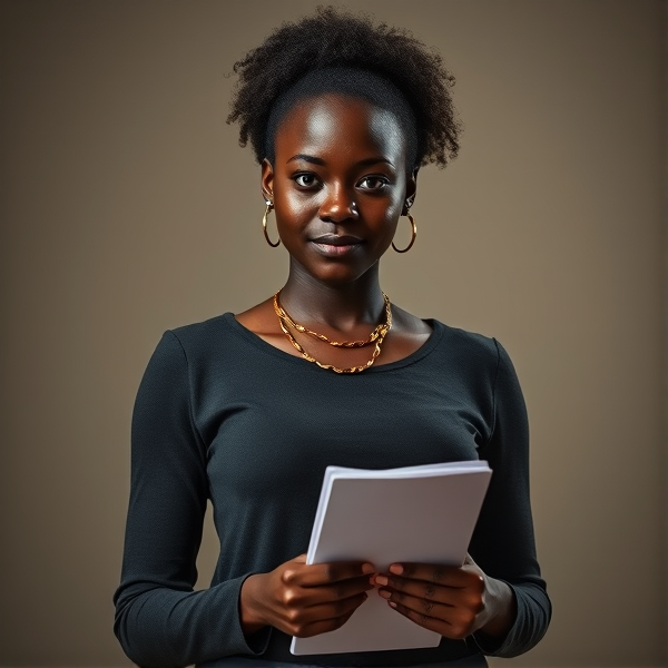 jeune femme africaine vetue d'un tailleur et tenan un classeur entre ses mains