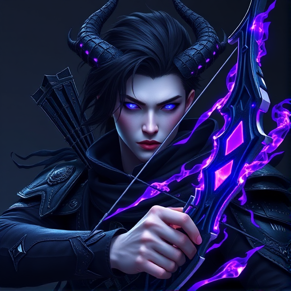 A tall black haired man void hunter with ivory skin with purple and blue gowey accents and no horns with pale skin and glowing blue eyes male wearing armor male male male boy man
With a bow made of purple flame