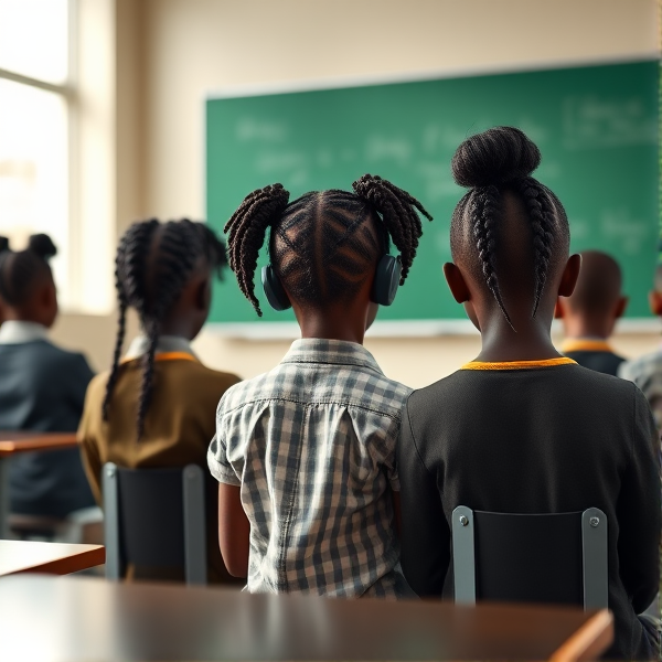des filles noires de huit ans avec des tresses africaine et garçons assis dans une classe face au tableau vert