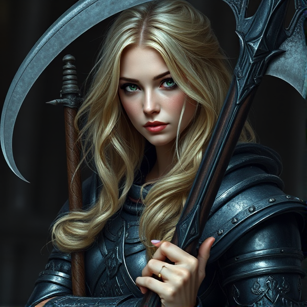 Dark blonde haired, white woman with green eyes holding a scythe and wearing armor