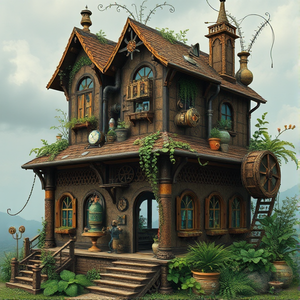 Je veux que tu me fasses une image que j'utiliserai comme référence pour une œuvre d'art que je peindrai, je veux une image en format carré, qui représente une maison façon steampunk donc avec beaucoup de tuyeaux et engrenages, une maison qui est constituée de pleins d'éléments, et qui commence à se faire recouvrir de plantes