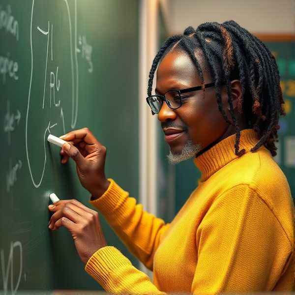 Une enseignante noire âgée de cinquante ans coiffée de tresses africaines traditionnelles, portant un pull jaune  se tient le dos tourné en train d'y écrire avec assurance à la craie blanche au tableau, éléments éducatifs colorés visibles en arrière-plan