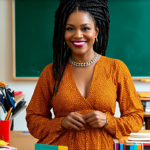 Une institutrice africaine élégante de 50 ans avec des tresses africaines traditionnelles, vêtue d'une robe africaine se tient debout devant un tableau noir dans une salle de classe lumineuse et bien rangée, souriante et prête à enseigner. Elle est entourée d'élèves noirs âgés de 10 ans et de fournitures scolaires typiques comme des livres, des cahiers et des crayons, accentuant son rôle d'éducatrice.