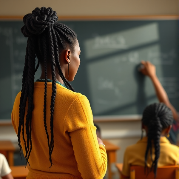Une enseignante noire âgée de quarante ans coiffée de tresses africaines traditionnelles, portant un pull jaune  se tient le dos tourné en train d'y écrire à la craie blanche au tableau dans une salle de classe avec des élèves noires agés de huit ans.
