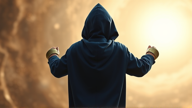 Back angled view of a little boy disguised and transformed into a mysterious blackened and shadowy figure with superpowers wreathed in a big blue hooded cape draped around his obscured body, calling himself the Chosen One, only being seen by his hooded and caped backside, flying through an interdimensional vortex, with 50 magical golden Power Rings on his arms in front of him, 25 each covering them both. He soars through the air in the vortex, on his way back to Earth so he can confront the villain responsible for banishing him.