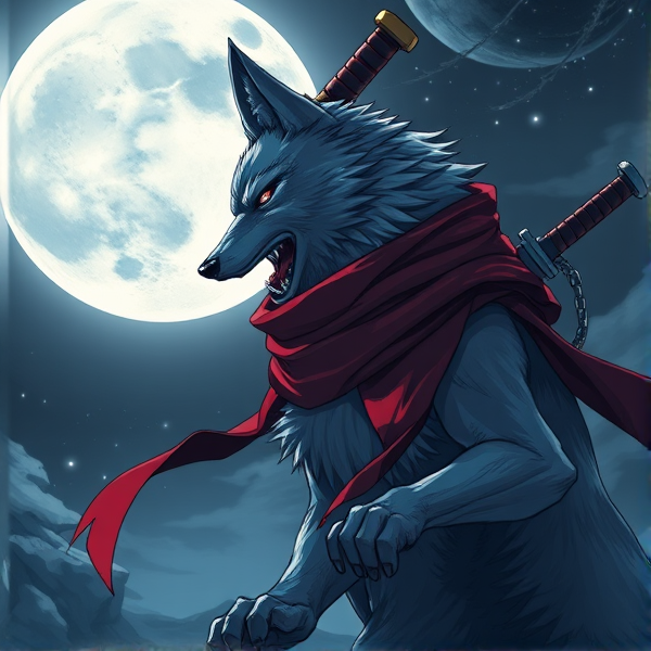 Loup roublard maitre de la lune avec un écharpe rouge autours du cou et avec deux épées dans le dos