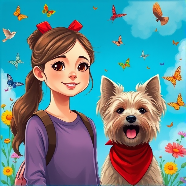 Book cover with a lively 10-year-old girl and a brown ponytail, red ribbon, twinkle in her eyes. Blue sky background with butterflies, colorful flowers, birds, and a joyful dark cream Maltese terrier with long floppy ears with a red bandana. Elements of adventure. Style reminiscent of realistic hand-drawn art.