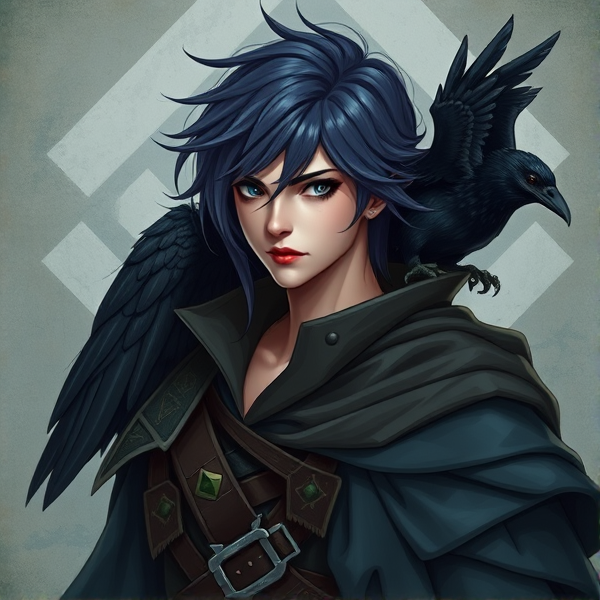 Personnage magique avec corbeau sur l'épaule