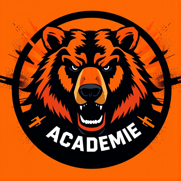 Concevez un logo de club de football dynamique et captivant mettant en vedette un grizzly concentré comme emblème central dominant. Le design illustre un ours grizzly féroce, avec des yeux pénétrants qui expriment la force et la détermination. Les teintes prédominantes sont l'orange vif et le noir intense, offrant un contraste marqué symbolisant l'énergie et l'intensité du sport. Le logo adopte une forme circulaire parfaite, soulignée par une bordure noire épaisse qui lui confère solidité et impact visuel. À l'intérieur du cercle, le nom "Tilt Académie" est inscrit en lettres grasses et modernes avec une police simple et épurée pour assurer la lisibilité tout en affirmant sa présence.

L'arrière-plan est artistiquement stylisé pour suggérer le mouvement et la passion du football, avec des éléments tels que des traînées abstraites dynamiques ou des motifs qui évoquent une vitesse extrême. Des références discrètes au football se fondent dans le design, comme des contours suggestifs d'un ballon ou des silhouettes floues de joueurs en mouvement positionnées autour du grizzly.

La composition doit transmettre une vitalité intense tout en affichant une présence imposante qui inspire les joueurs et les supporters. L'esthétique doit être percutante dès le premier regard mais également intemporelle pour demeurer significative à travers les différentes saisons. "Tilt Académie" devrait être mis en exergue dans le design global.