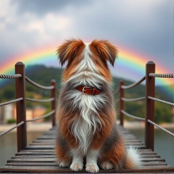 Back of a shitzu dog sitting on rainbow bridge