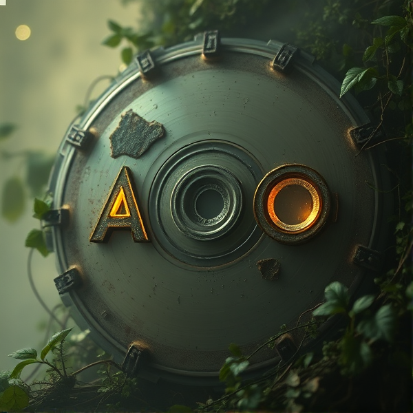 A weathered, oxidized compact disc with intricately etched "AUO" letters that shimmer. The CD is angled to catch the light, emphasizing its rustic texture and the dynamic glow of the electricity.