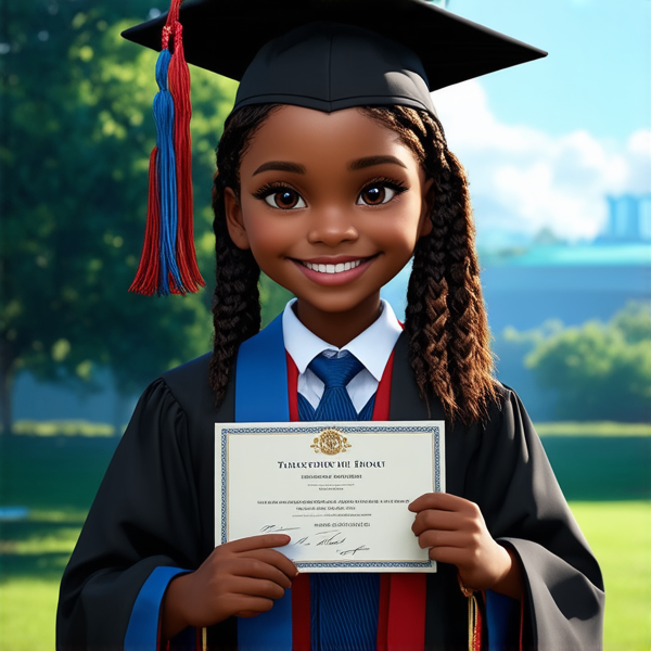 jeune fille noire de huit ans avec des tresses africaines traditionnelles, habillée élégamment pour une cérémonie de remise de diplôme, tenant son certificat, souriante et fière