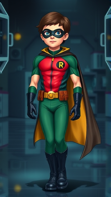 Movie Scene: A medium, preteen 12-year old boy with light skin and dark brown hair named Connor Bardley, but dressed as Robin, The Boy Wonder, with an extremely muscular body, a sleek green suit with a red torso with a black circle with a yellow R symbol on his left pectoral, a gold utility belt, black boots, black long-cuffed gloves, a really big, heel-length long, ultra-wide cape around his neck that's black on the outside and yellow on the inside, and a black eye mask. He has a special code: HE DOES NOT KILL. Young 12-year old Connor Bardley, now Robin, The Boy Wonder, is seen walking through a dark laboratory at night, looking for clues to the mystery he is trying to solve.