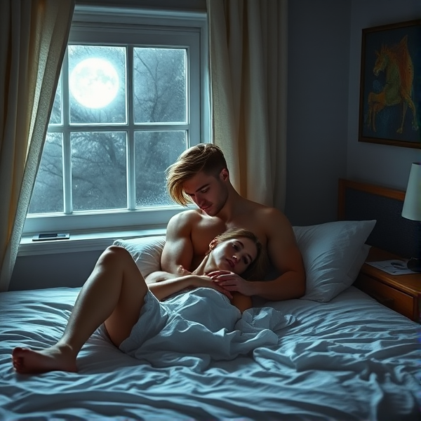A serene college dorm room bathed in the silver glow of moonlight filtering through the window, revealing a young couple entwined in a peaceful embrace on a twin XL bed. The man, possessing the physique of an ancient Greek god, has well-defined muscles resembling sculpted marble and hair that shimmers like spun gold. His companion, a woman whose beauty would make Venus herself envious, lies with him. Their athletic forms are artfully draped by mere wisps of bed sheets, suggesting an evening spent in fervent and untamed intimacy. The scene captures the essence of youthful love and passion at its peak.