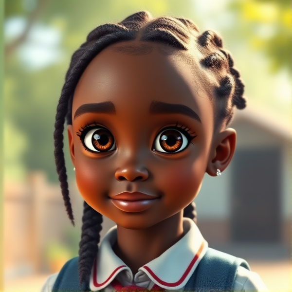 Jeune fille africaine de huit ans avec des tresses traditionnelles, vêtue d'un uniforme scolaire rentrant à la maison