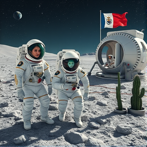 Trois astronautes, un humain et deux extraterrestres aux traits uniques et captivants, posent sur la surface lunaire recouverte d'un régolithe étincelant. À gauche, un extraterrestre avec des cheveux d'émeraude lévite en apesanteur derrière son casque de verre transparent. Leurs combinaisons spatiales blanches sont embellies de motifs dorés complexes et parsemées de perles scintillantes qui brillent sous les lumières, complétées par des éléments chromés réfléchissants. Chaque combinaison affiche un écusson représentatif de leur mission spatiale respective. Ils s'accroupissent et manipulent avec précaution des outils scientifiques à la pointe de la technologie à l'aide de gants adaptés.

Dans le biodôme futuriste construit en matériaux lunaires innovants, un astronaute plante soigneusement des graines dans un jardin hydroponique baigné par une lumière artificielle mimant le spectre solaire. Les visières miroitantes reflètent le paysage lunaire désolé. Un module d'habitation domine la scène, arborant fièrement le symbole du Québec sur sa façade et offrant une vue éloignée sur la Terre à travers sa fenêtre.

Des équipements scientifiques ultramodernes côtoient méticuleusement des panneaux solaires et un drapeau du Manchester City Football Club est hissé près du module d'habitation, symbolisant l'union entre sport et exploration spatiale.

Le paysage lunaire est marqué par des cratères imposants contrastant avec les infrastructures sophistiquées. Une douce lumière enveloppe cette colonie intergalactique sous un ciel nocturne semé d'étoiles se diluant dans une teinte bleu profond outremer. Près du biodôme flotte avec fierté le drapeau acadien tandis qu'une navette spatiale extraterrestre au design raffiné est entourée par diverses créatures paisibles. Un drone subtil surveille la zone proche du fanion québécois, enrichissant ce panorama exotique où se trouvent quelques cactus lunaires et une charmante petite créature extraterrestre à côté du jardin hydroponique.