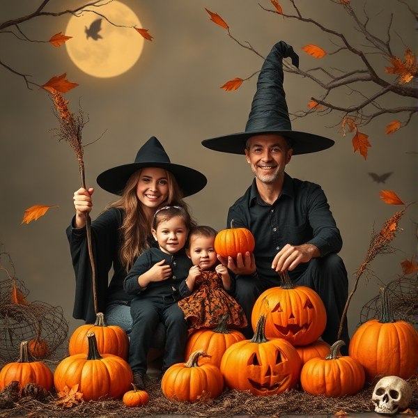 Halloween witch family and pumpkins with room to add text to the image