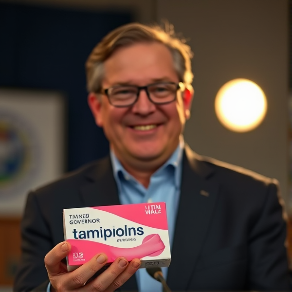 Minnesota governor Tim Walz holding a box of tampons.