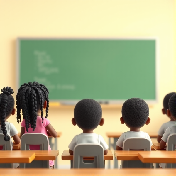 des filles noires de huit ans avec des tresses africaine et garçons assis dans une classe face au tableau