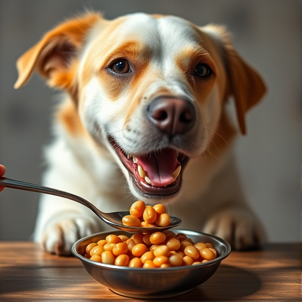A dog eating beans with a spoon