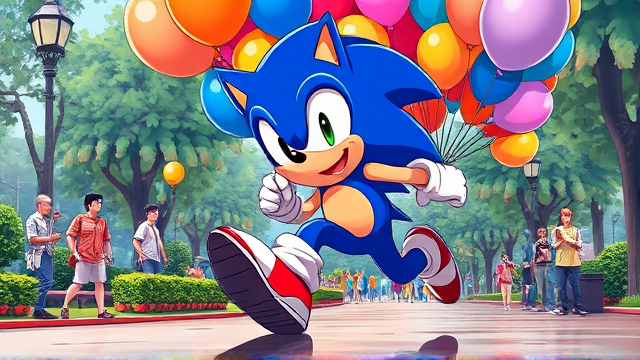 Sonic the Hedgehog captured mid-stride in a dynamic running pose, gripping a vivid collection of assorted balloons 450 each measuring 16 inches, amid a bustling park filled with activity and greenery, all illustrated in a richly saturated anime art style