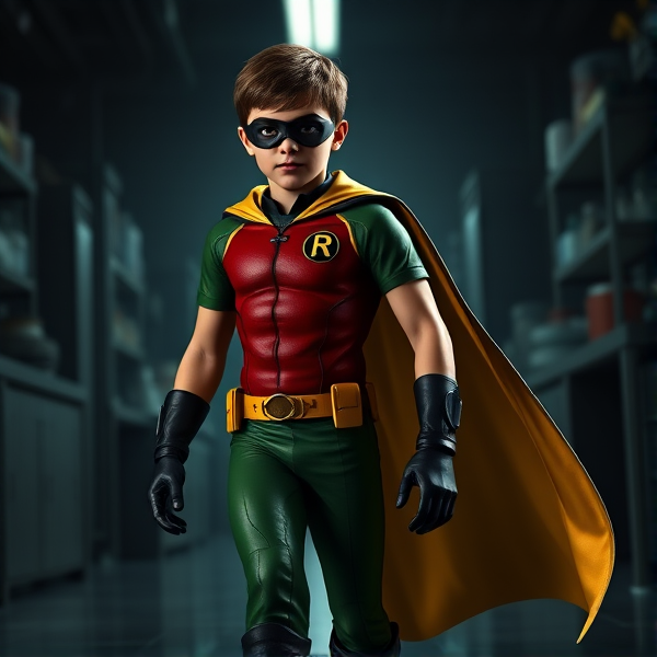 Movie Scene: A medium, preteen 12-year old boy with light skin and dark brown hair named Connor Bardley, but dressed as Robin, The Boy Wonder, with an extremely muscular body, a sleek green suit with a red torso with a black circle with a yellow R symbol on his left pectoral, a gold utility belt, black boots, black long-cuffed gloves, a big, heel-length, ultra-wide cape that's black on the outside and yellow on the inside, and a black eye mask. He has a special code: HE DOES NOT KILL. Young 12-year old Connor Bardley, now Robin, The Boy Wonder, is seen walking through a dark laboratory at night, looking for clues to the mystery he is trying to solve.
