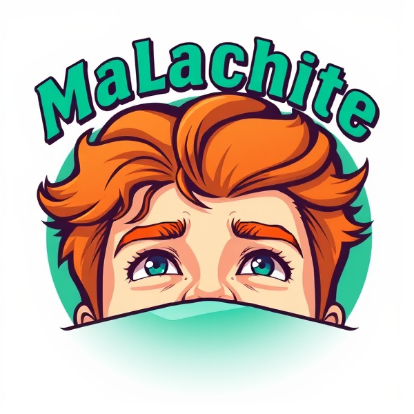 The word malachite colored with malachite with a ginger haired man with a bread in his late 20’s under the word malachite. Eyes looking up at the word  malachite