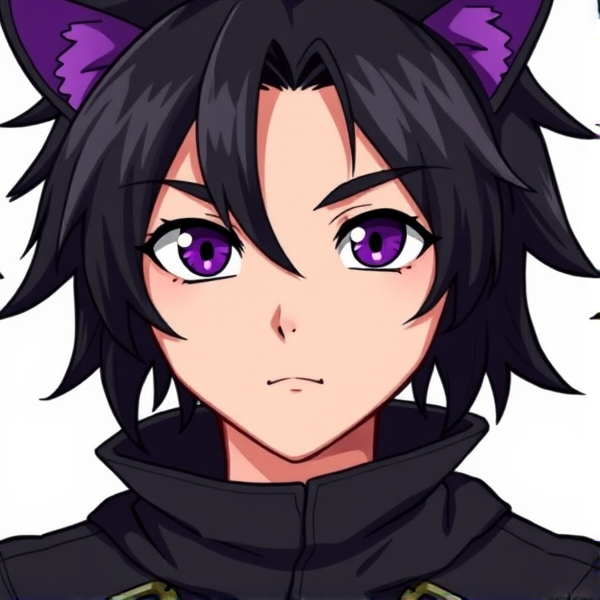 My hero academia oc. Black hair. Purple eyes. Male. Black cat ears with purple insides. Leather hero costume. About 15 years old. Cartoon style.
