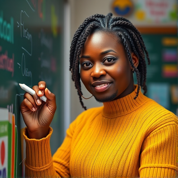 Une enseignante afro-américaine âgée de cinquante ans coiffée de tresses africaines traditionnelles, portant un pull jaune  se tient le dos tourné en train d'y écrire avec assurance à la craie blanche au tableau, éléments éducatifs colorés visibles en arrière-plan