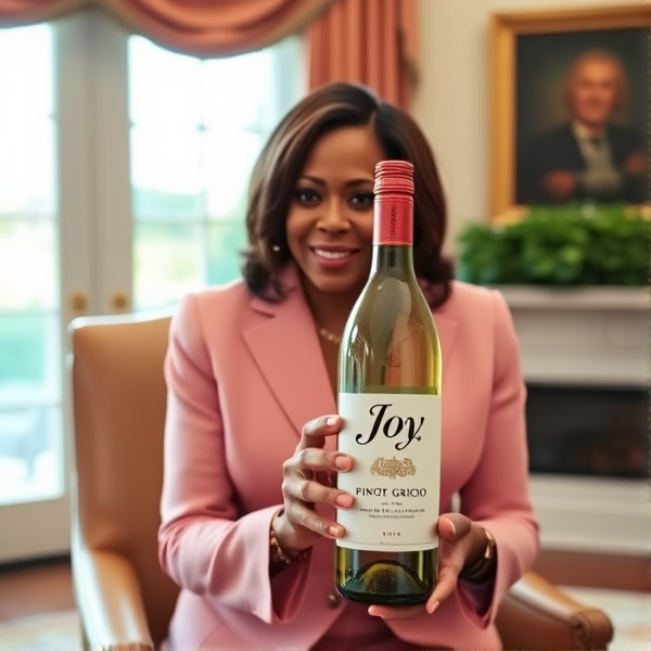 Kamala Harris holding a bottle of "Joy" Pinot grigio in the oval office.