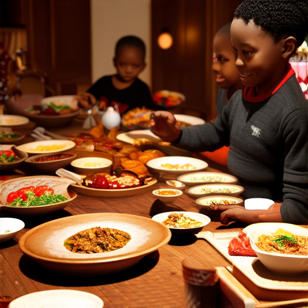 Repas de famille afro-américaine traditionnel, réunis autour d'une grande table avec des plats faits maison typiques