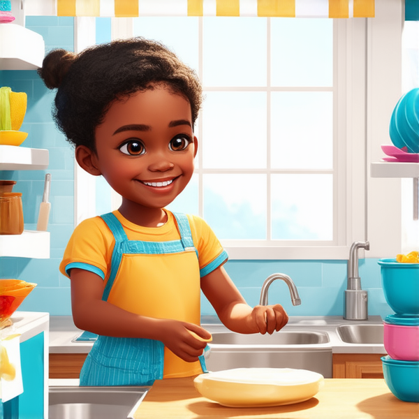 deux adolescents noirs de 14 ans vêtus de vêtements décontractés effectuant avec entrain des tâches ménagères dans une cuisine lumineuse et propre, leur petite sœur noire de 7 ans les aidant joyeusement à ranger la vaisselle propre sur les étagères, fenêtre ouverte laissant entrer la lumière du jour