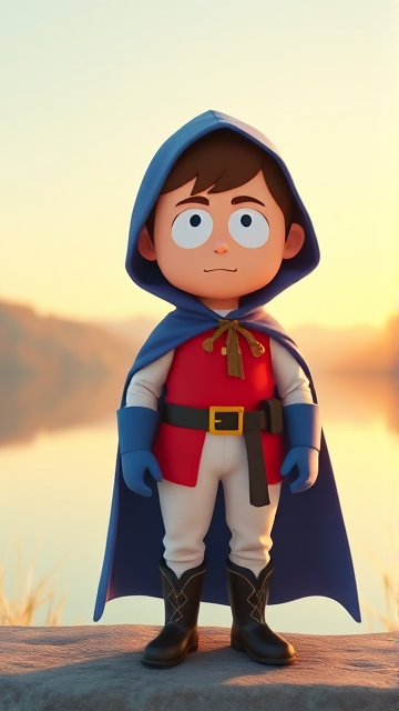 Clyde Donovan from South Park, light skin and brown hair, but as a 14-Year Old, dressed as a medieval prince with a red shirt with white sleeves, a black belt with a gold buckle, white pants, blue boots, blue long-cuffed gloves, and wreathed in a really big, heel-length long, ultra-wide blue hooded cape, now known as Prince Donovan. Despite still being a kid, he is the Youngest Ruler of South Park, Colorado, but now reborn as the real life Kingdom of Kupa Keep, Zaron, and Prince Donovan is its youngest and greatest hero. The young teenage prince of Kupa Keep is currently standing by the shoreline of a lake, looking out to the horizon and wondering what his next adventure will be.