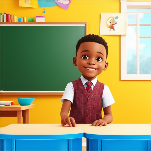 deux garçons noirs de 14 ans, vêtue d'uniforme scolaire , debout souriante et concentrée devant un tableau noir rempli de regles d'orthographe en français  dans une salle de classe ensoleillée et colorée avec des bureaux en bois et des affiches éducatives sur les murs