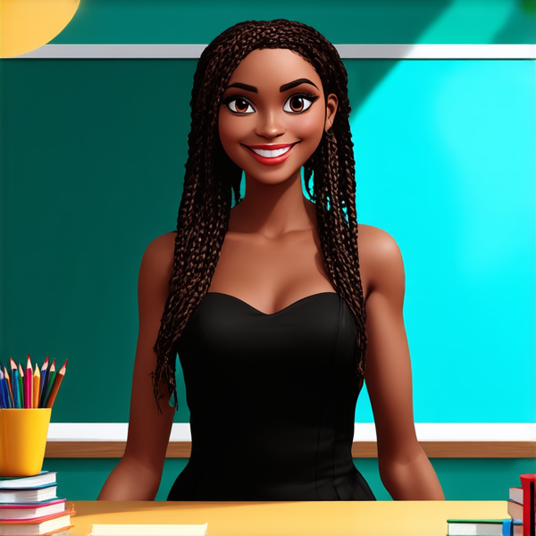 Une institutrice africaine élégante de 50 ans avec des tresses africaines traditionnelles, vêtue d'une robe noire se tient debout devant un tableau noir dans une salle de classe lumineuse et bien rangée, souriante et prête à enseigner. Elle est entourée d'élèves noirs âgés de 10 ans et de fournitures scolaires typiques comme des livres, des cahiers et des crayons, accentuant son rôle d'éducatrice.