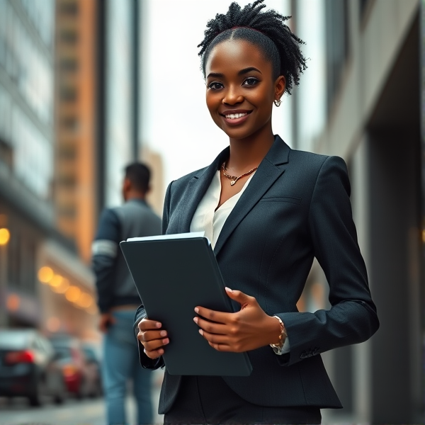 young African woman dressed in a stylish business suit, confidently holding a binder in her hands against an urban backdrop with a man behind her with jean and sweat shirt