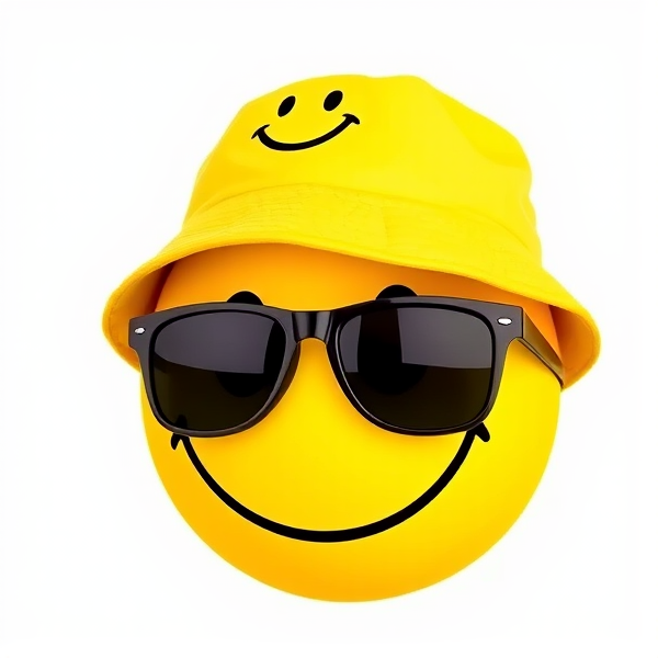 A yellow smiley face wearing a yellow bucket hat with a smiley face on it and black shades