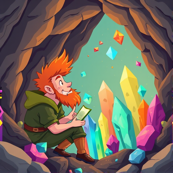 Ginger hair man in a mine admiring colorful magical crystals