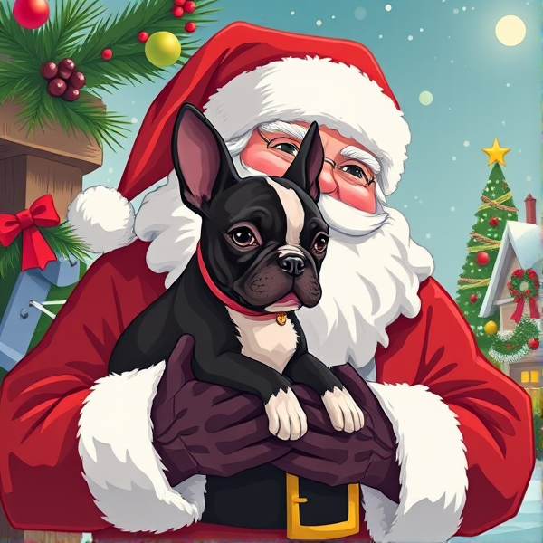 Illustration Santa holding a Boston terrier puppy with a Christmas background scene