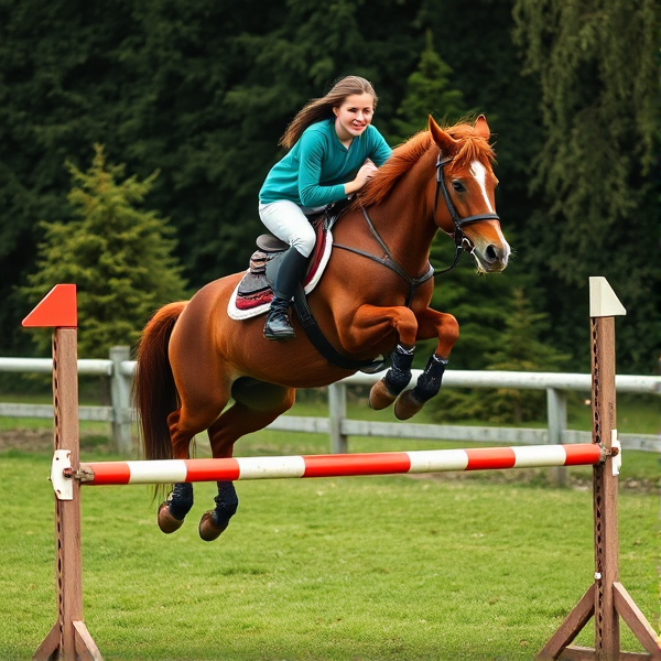 teenage girl riding a shetland pony over a cross rail jump