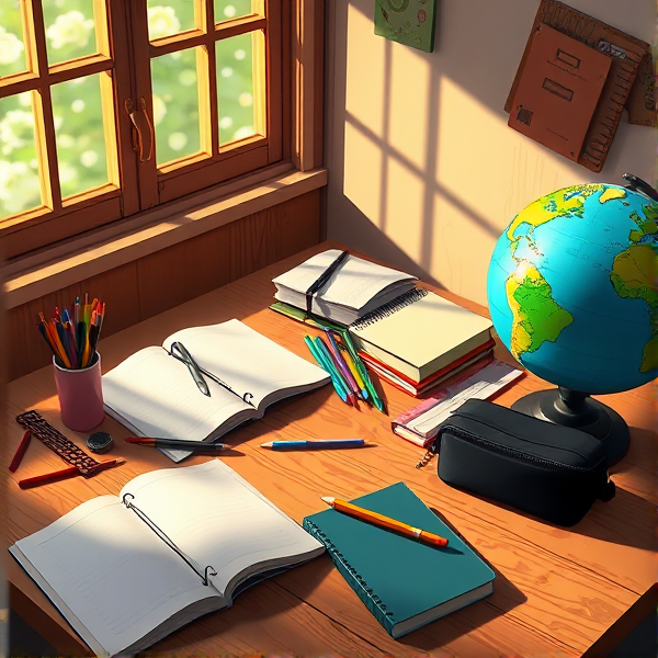 table en bois éclairée par la lumière naturelle de la fenêtre, couverte de fournitures scolaires comme des cahiers ouverts, des stylos, des crayons, une trousse et un globe terrestre  .