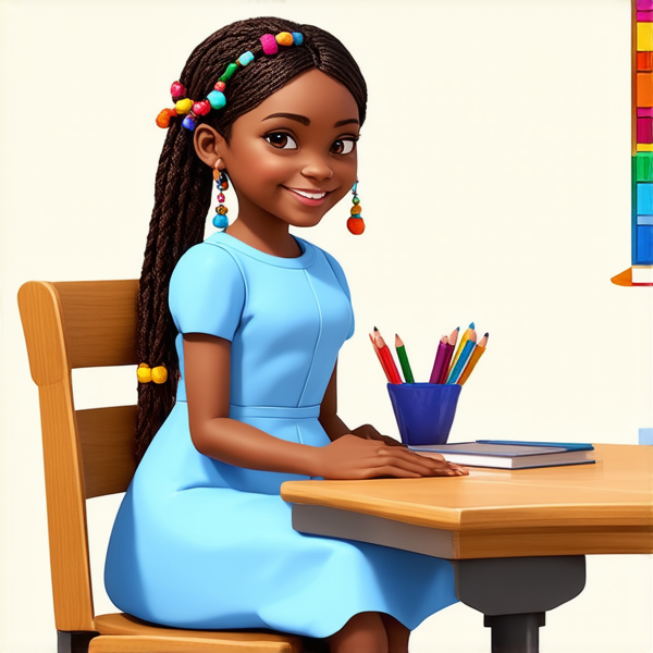 Jeune fille africaine de 8 ans vêtue d'une robe bleu ciel, coiffée de tresses africaines complexes avec des perles colorées, affichant un large sourire éclatant, assise sur une chaise d'écolier face à un bureau en bois clair, dans une salle de classe ensoleillée et bien éclairée, avec des fournitures scolaires et des dessins d'enfants visibles en arrière-plan