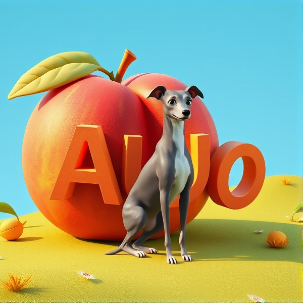 Big ripe peach in the landscape with the letters "AUO" carved out. with a sleek Italian greyhound perched alongside, set against a clear blue sky.