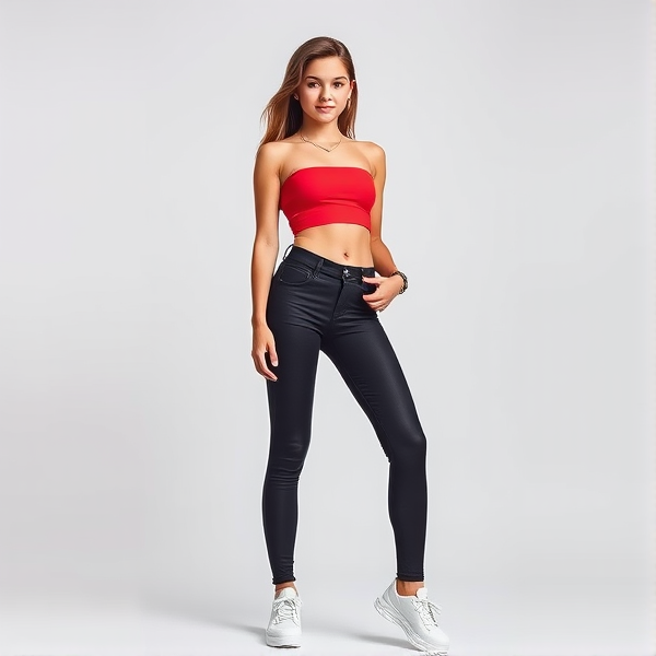 Fashion-forward teenage girl with an hourglass figure and very powerful thighs, sporting trendy high-rise leggings paired with a modern crop top that highlights her style acumen. Her pose is graceful and confident, capturing the essence of youthful vibrancy